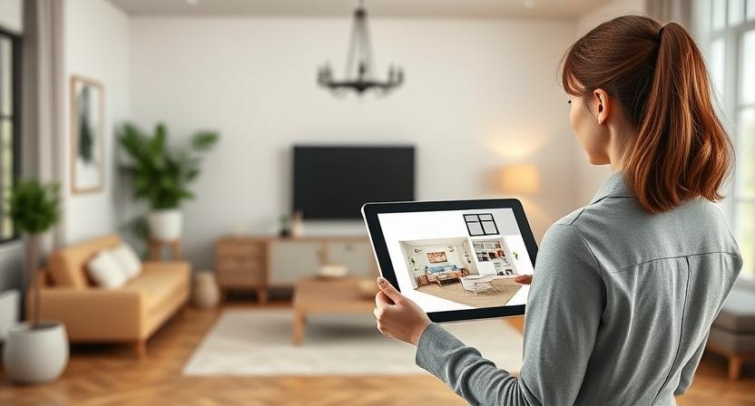 Fachkraft in einem Raum mit dem Raumplaner auf ihrem Tablet